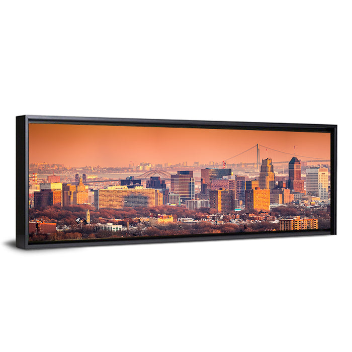 Newark Golden Hour Skyline Wall Art as a framed canvas