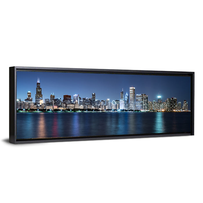 Chicago Night Skyline Wall Art as a framed canvas