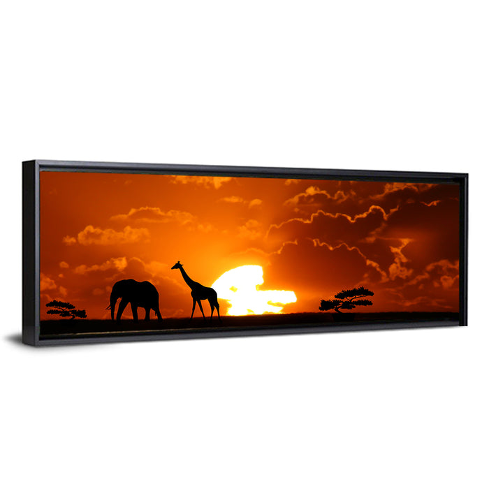 Safari Sunset Silhouettes Wall Art as a framed canvas