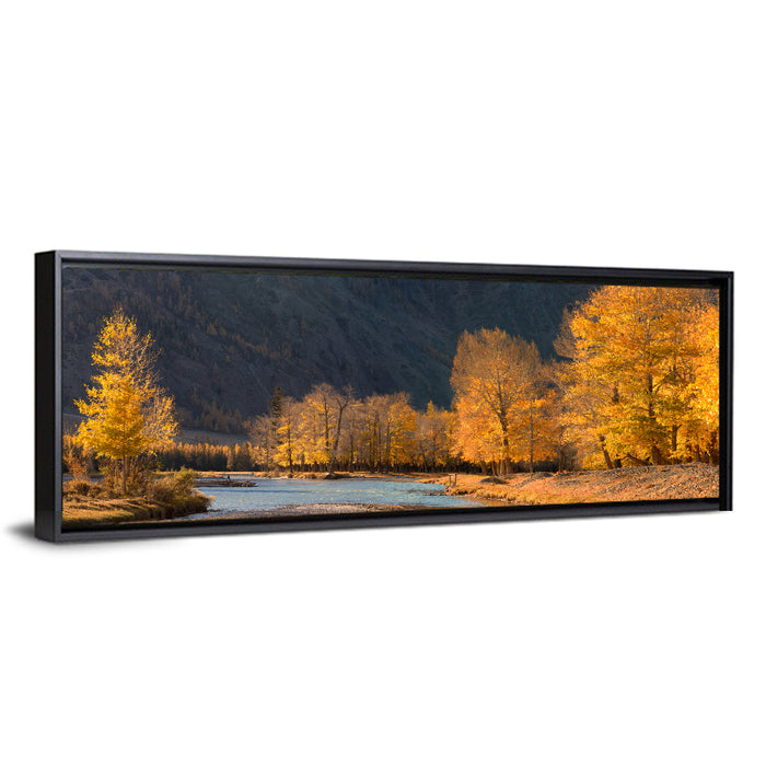Autumn River Through Golden Forest Wall Art as a framed canvas