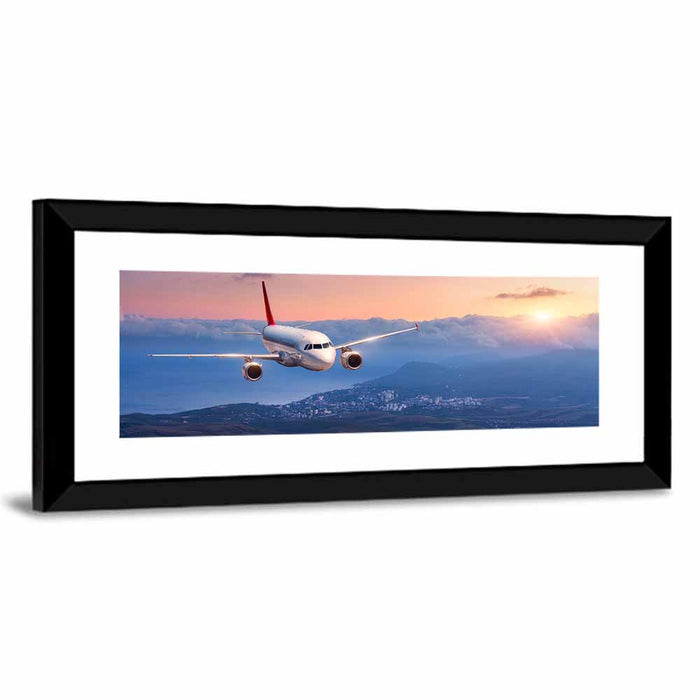 Passenger Jet at Sunset Wall Art as a framed print
