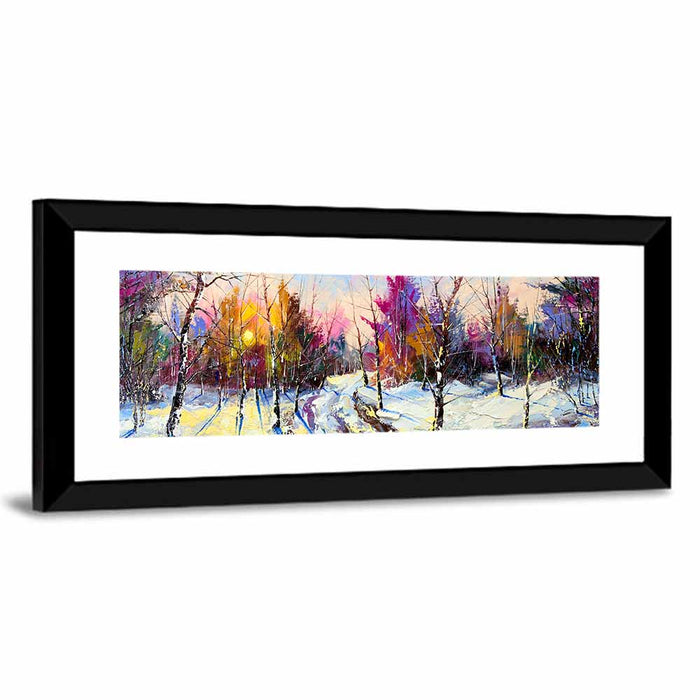 Snowy Birch Path at Sunset Wall Art as a framed print