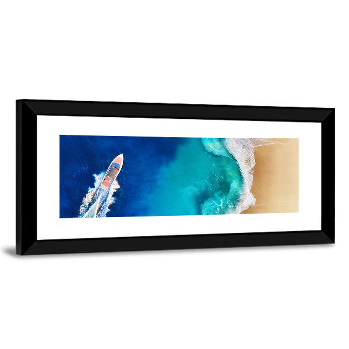 Speed Boat Over Turquoise Beach Wall Art as a framed print