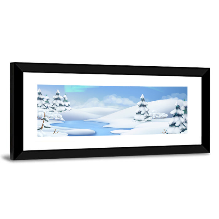 Christmas Pines Winter Landscape Wall Art as a framed print