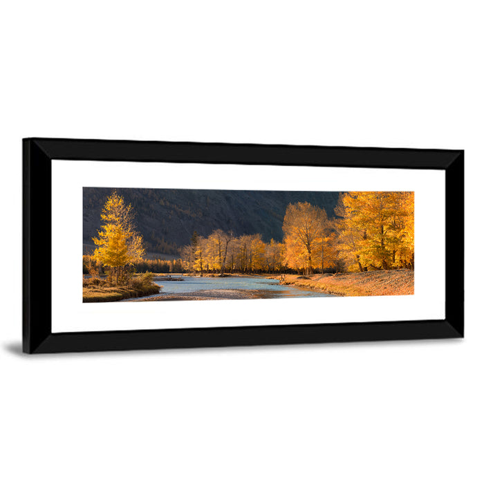 Autumn River Through Golden Forest Wall Art as a framed print