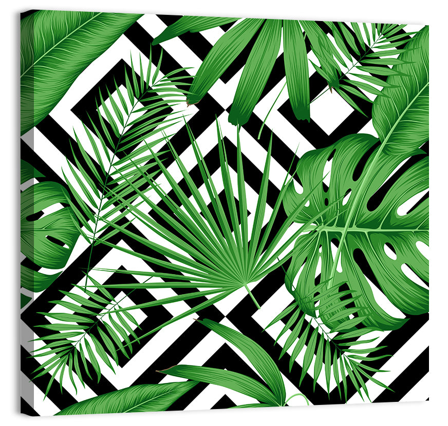 Tropical Geometric Leaves Pattern Wall Art, canvas print, square