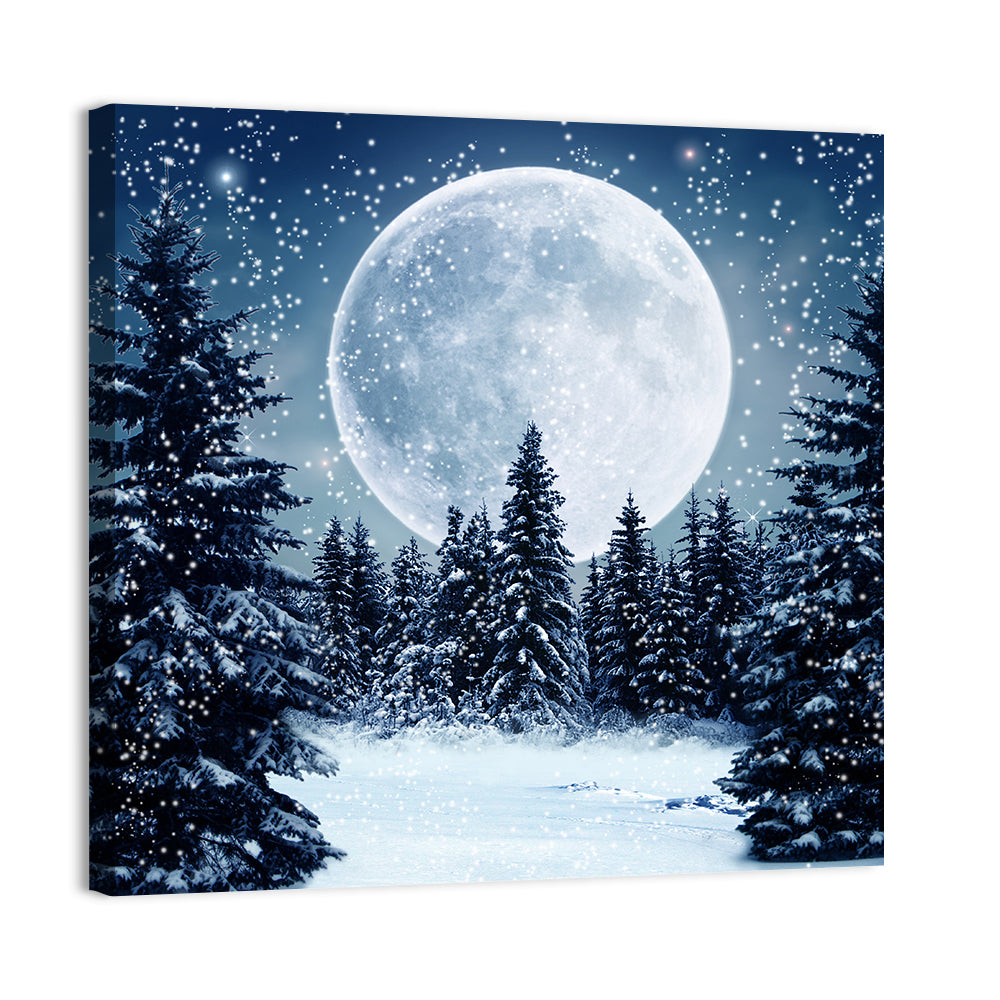 Full Moon Over Snowy Pines Wall Art, canvas print, square