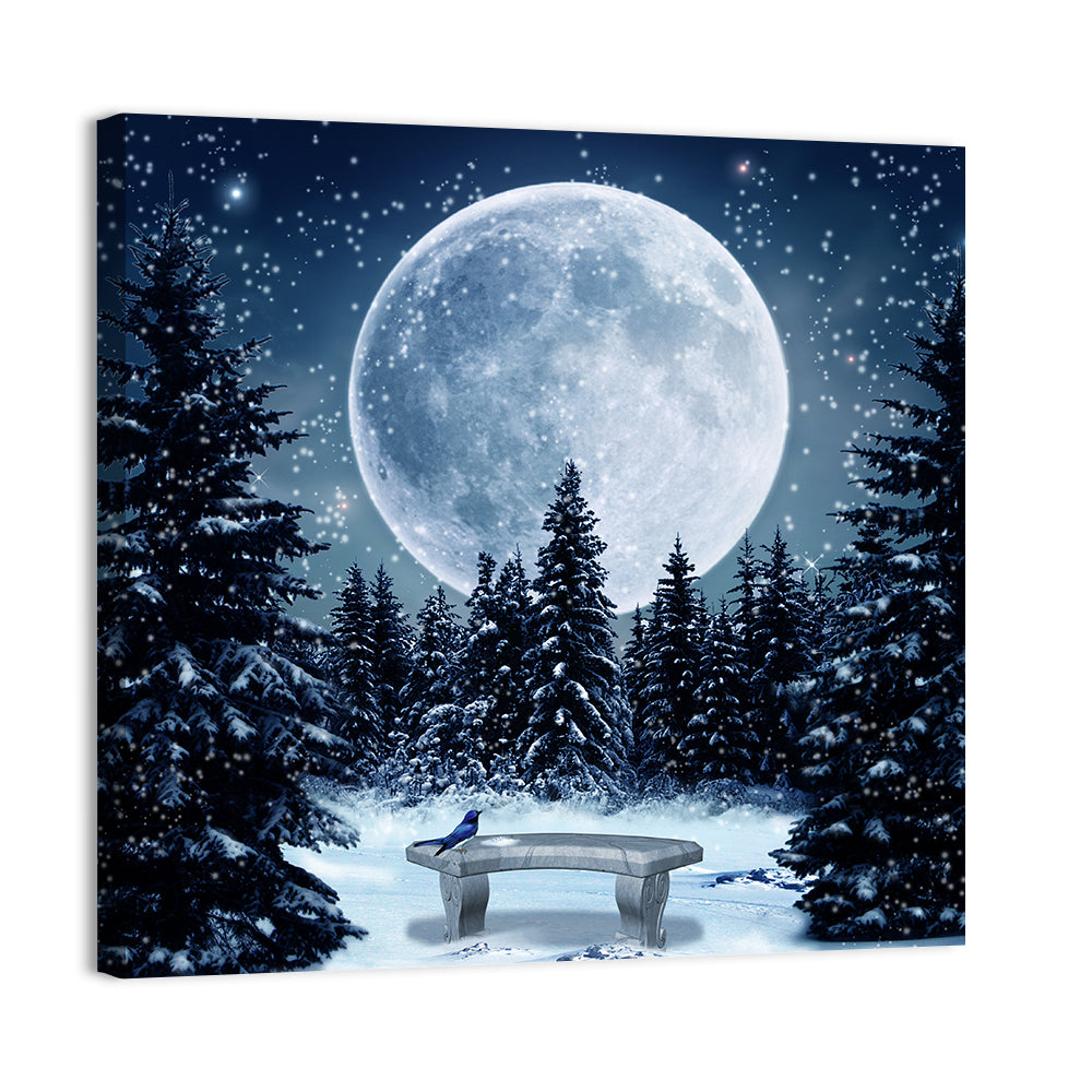 Full Moon Over Snowy Pines Wall Art, canvas print, square