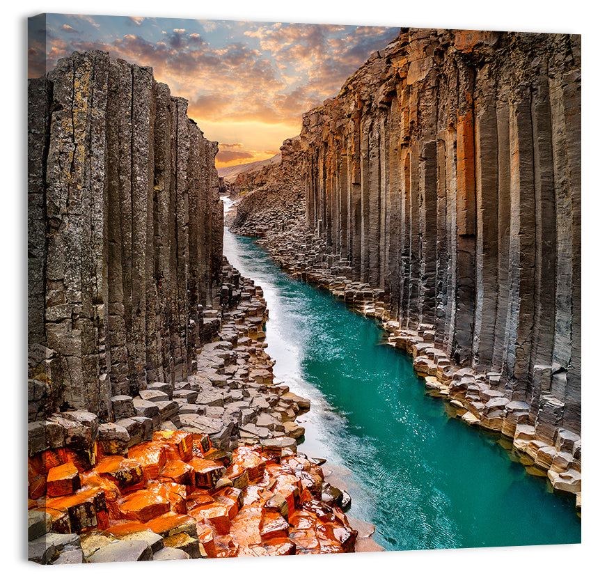 Stuðlagil Canyon Basalt Columns at Golden Hour Wall Art, canvas print, square