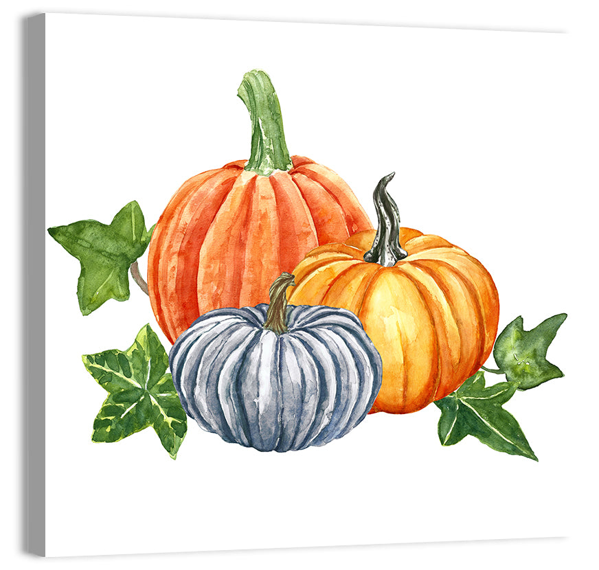 Festive Pumpkin Trio Watercolor Wall Art, canvas print, square