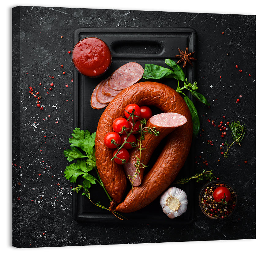 Sausage Ring on Black Cutting Board Wall Art, canvas print, square