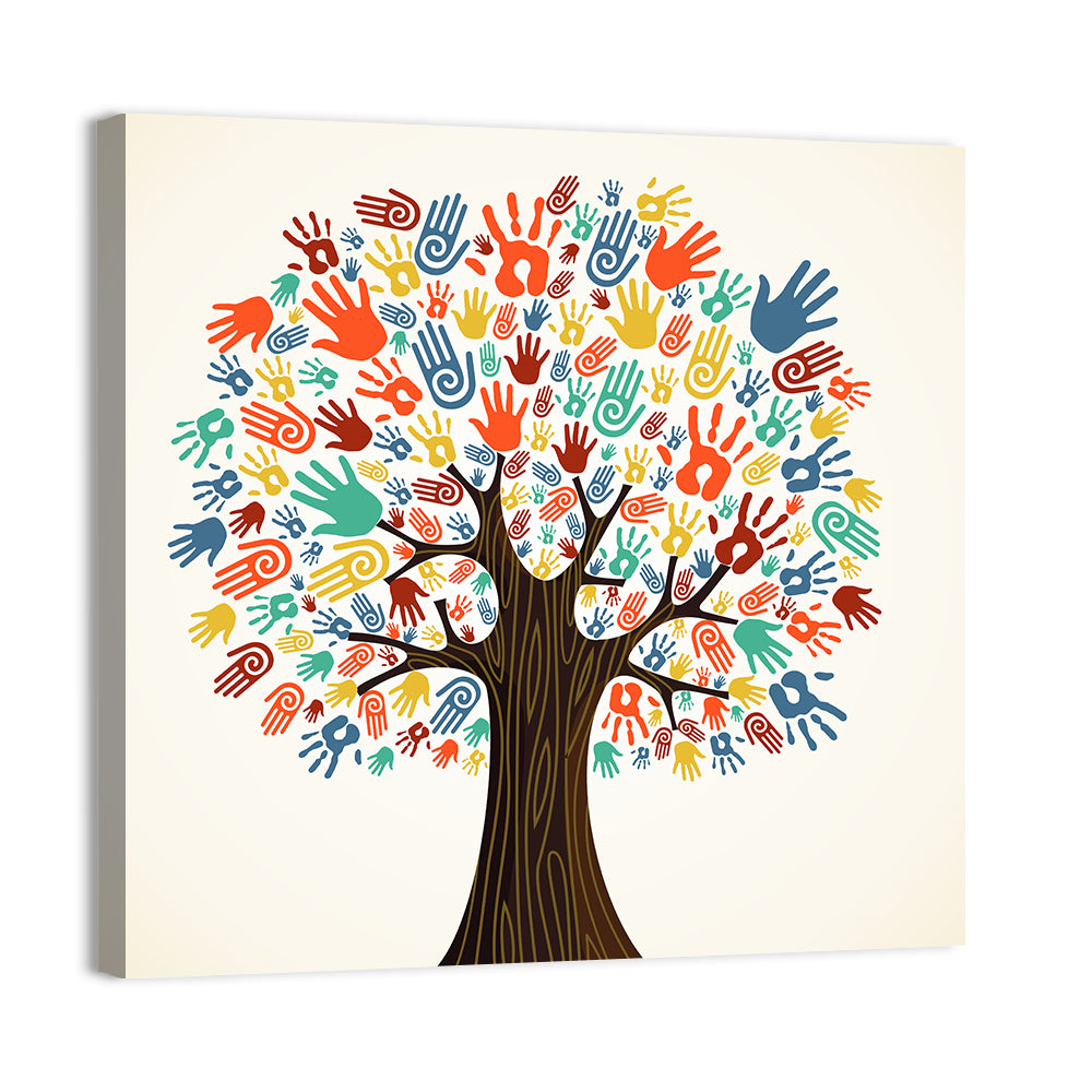 Colorful Handprint Tree Wall Art, canvas print, square