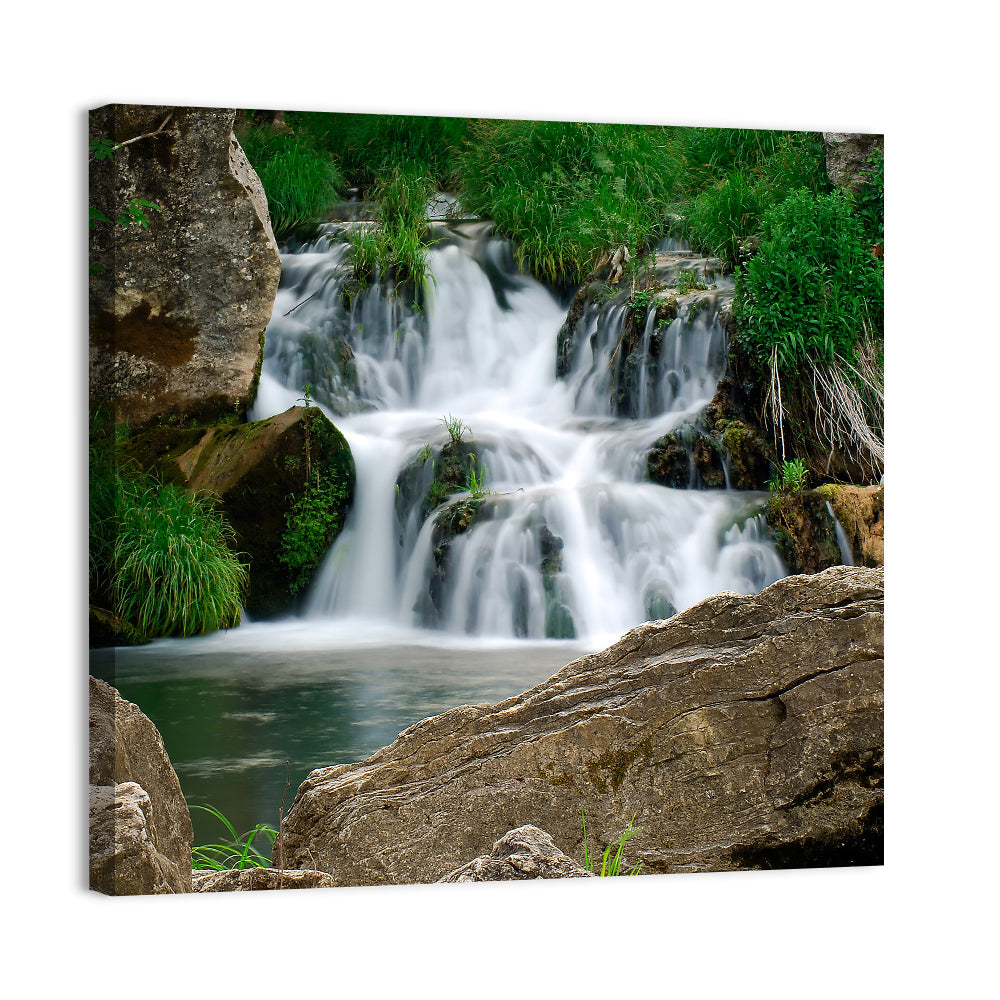 Moss Covered Rocky Waterfall Wall Art, canvas print, square