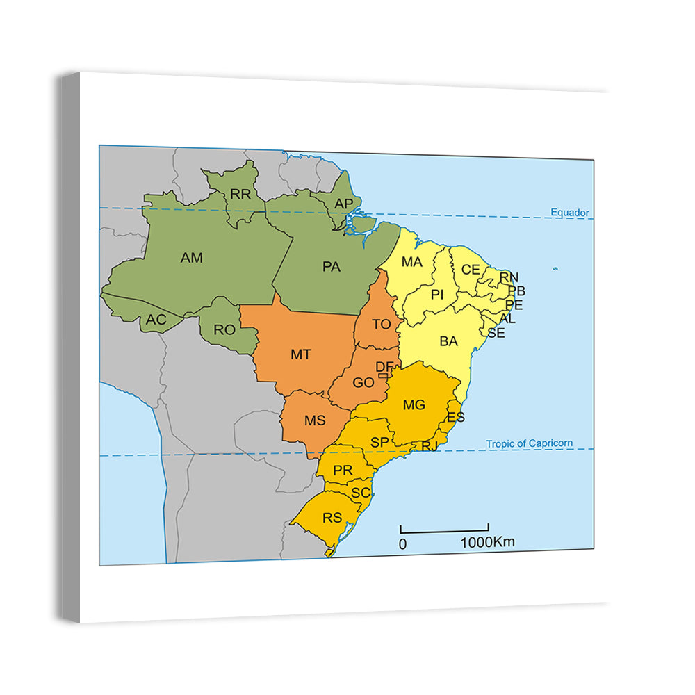 Brazil Map with State Codes Wall Art, canvas print, square