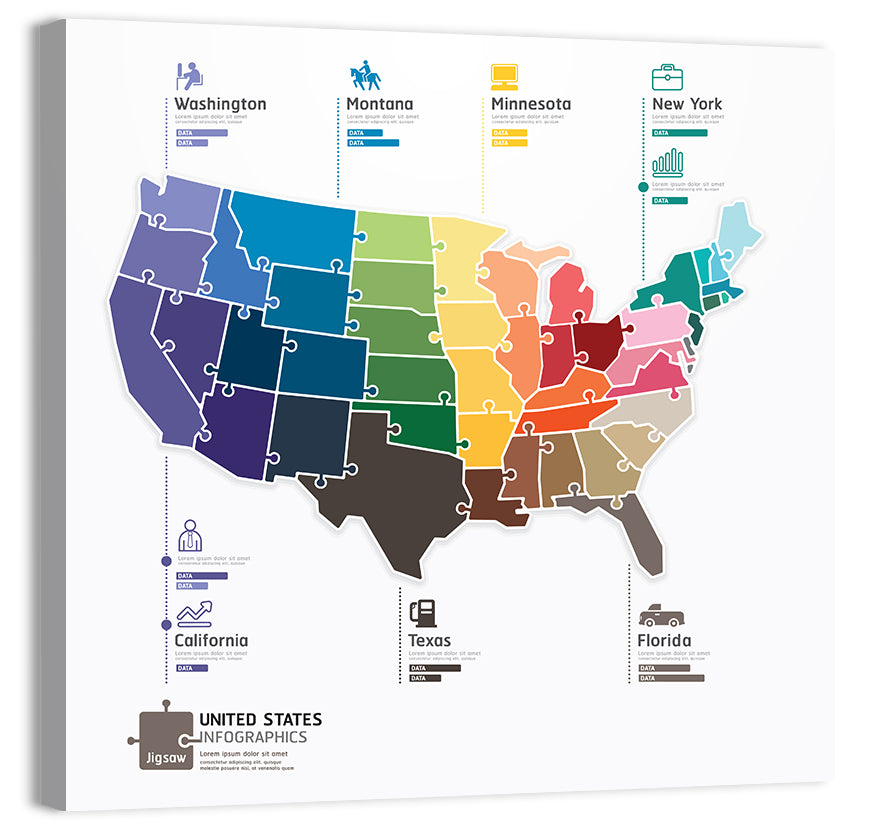 United States Jigsaw Map Wall Art, canvas print, square