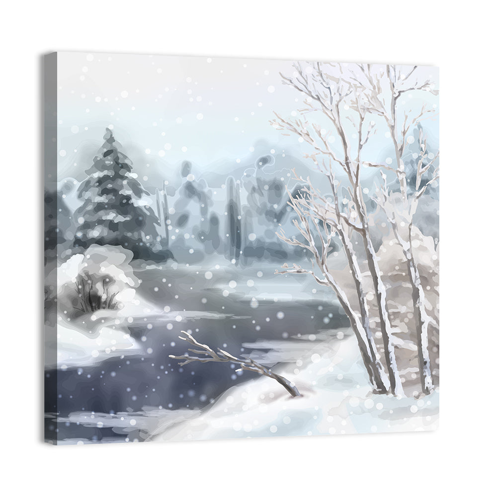 Snowy Stream in Winter Forest Wall Art, canvas print, square
