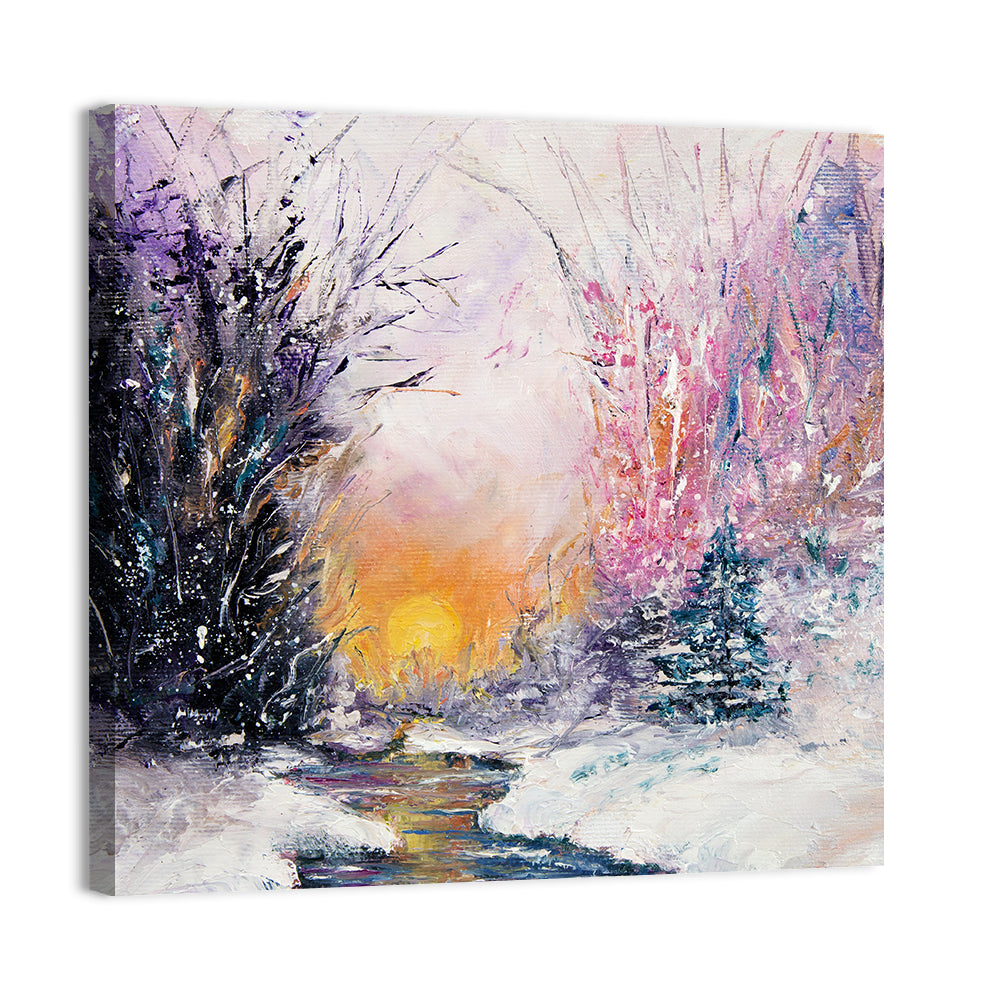 Golden Sunset Winter Stream Wall Art, canvas print, square