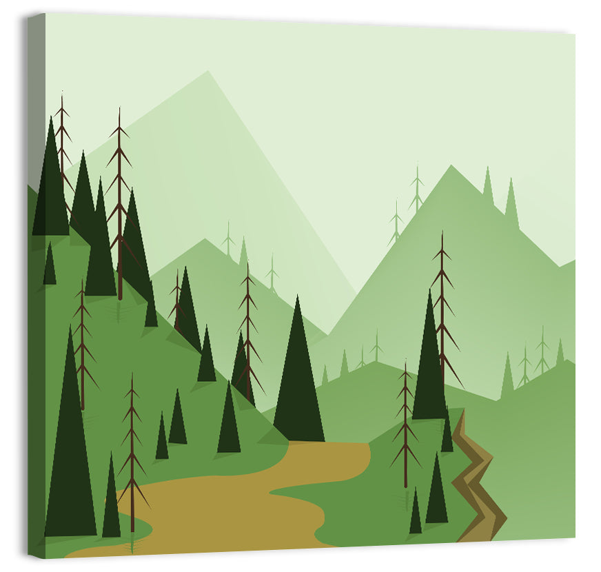 Green Foggy Hills Illustration Wall Art, canvas print, square