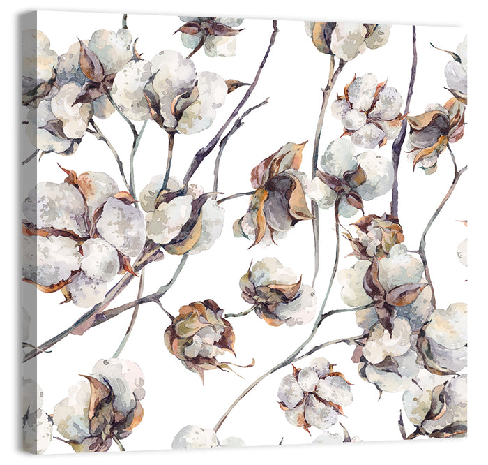 Watercolor Cotton Bolls Wall Art as a canvas print