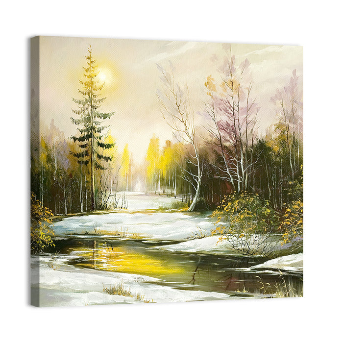 Sunlit Winter River Landscape Wall Art as a canvas print