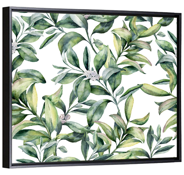 Snowberry Leaves Pattern Wall Art as a framed canvas
