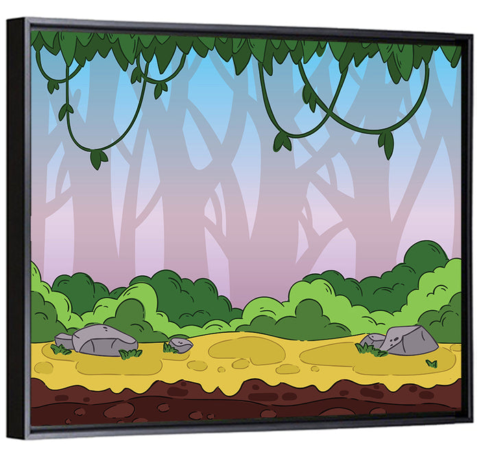 Playful Jungle Path Illustration Wall Art as a framed canvas