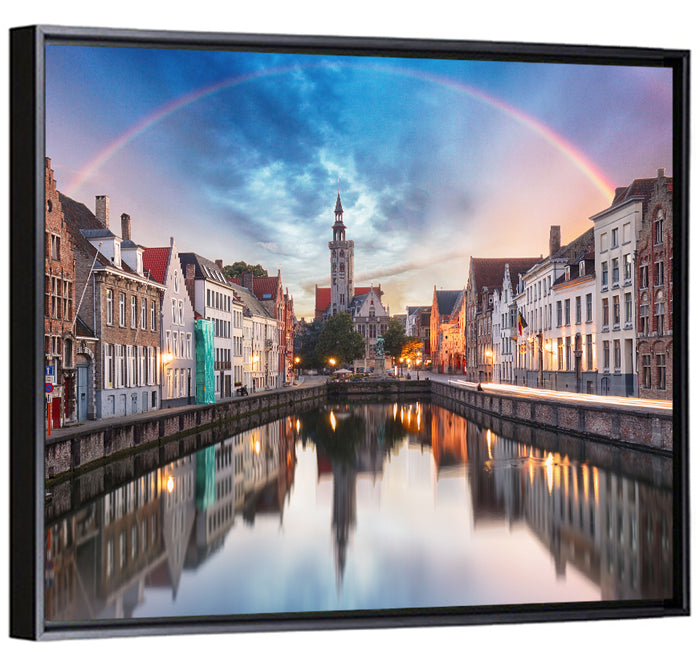 Bruges Twilight Rainbow Over Spiegelrei Canal Wall Art as a framed canvas