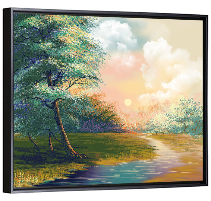 Spring Forest Sunrise Wall Art as a framed canvas
