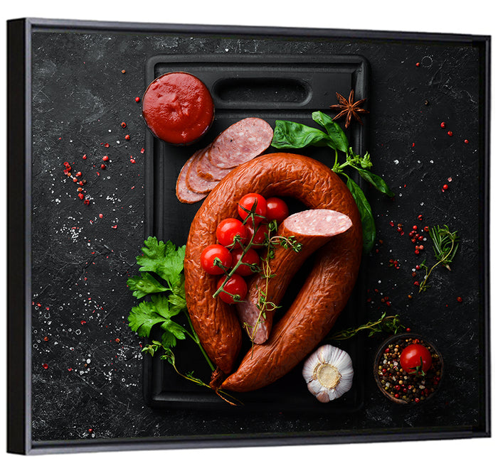 Sausage Ring on Black Cutting Board Wall Art as a framed canvas