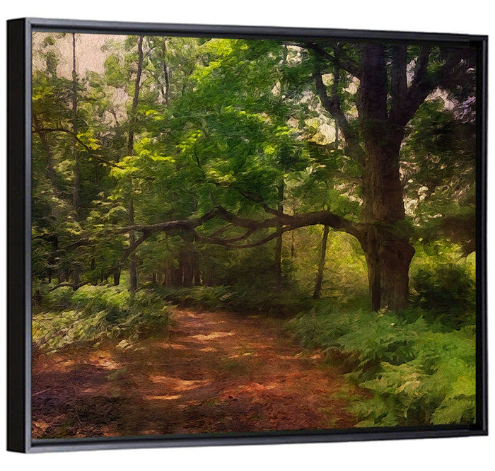 Sunlit Forest Trail Wall Art as a framed canvas