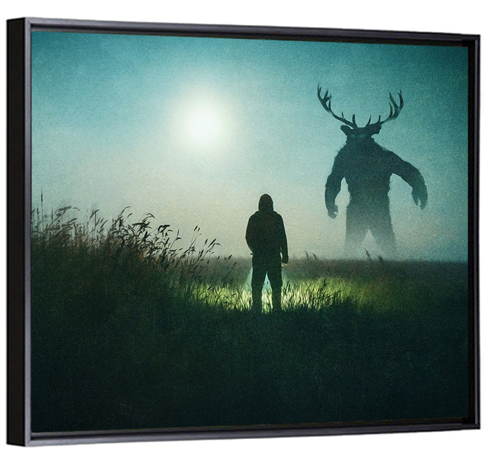 Antlered Shadow in Mist Wall Art as a framed canvas