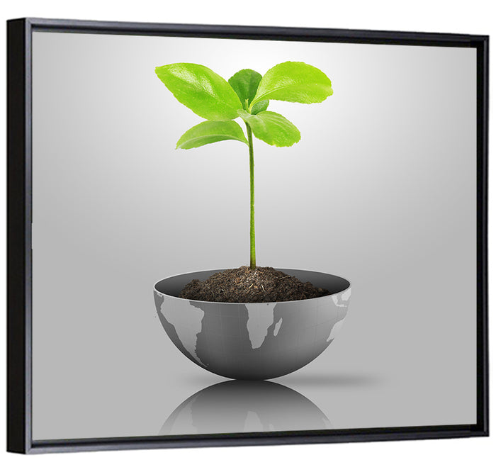 Young Plant on Globe Wall Art as a framed canvas