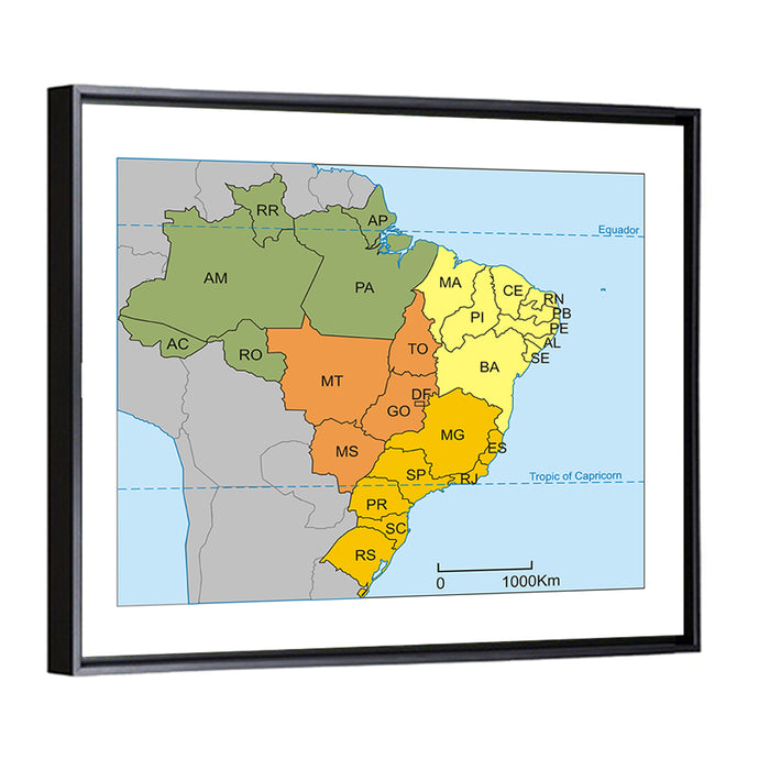 Brazil Map with State Codes Wall Art as a framed canvas