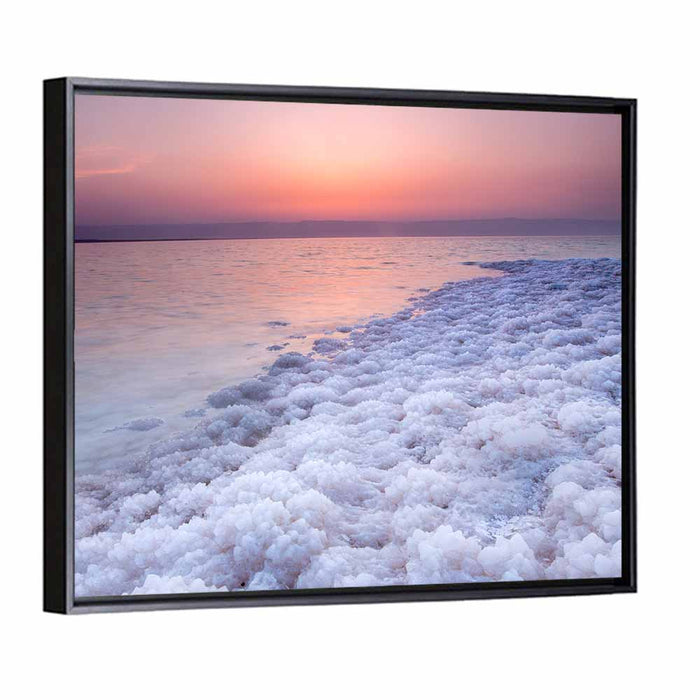 Dead Sea Salt Shoreline Sunset Wall Art as a framed canvas