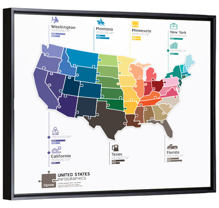 United States Jigsaw Map Wall Art as a framed canvas
