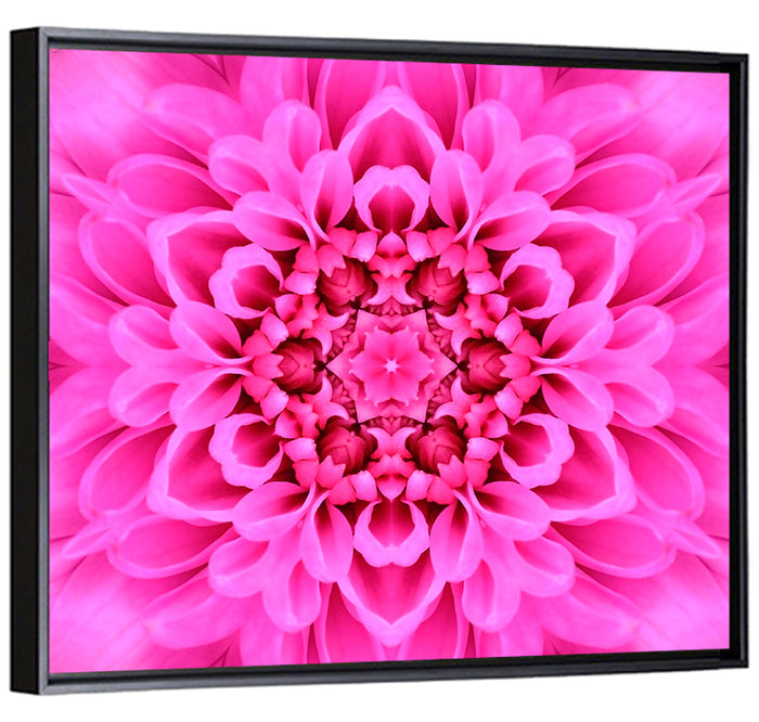 Kaleidoscopic Chrysanthemum Mandala in Magenta Wall Art as a framed canvas