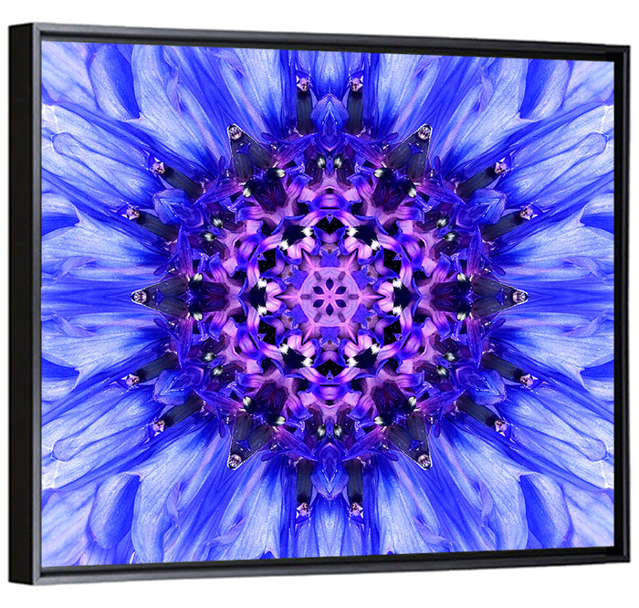 Kaleidoscopic Cornflower Mandala Wall Art as a framed canvas
