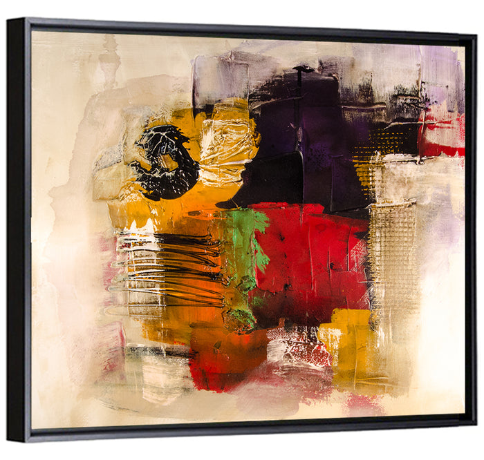 Bold Color Block Abstract with Black Circle Wall Art as a framed canvas
