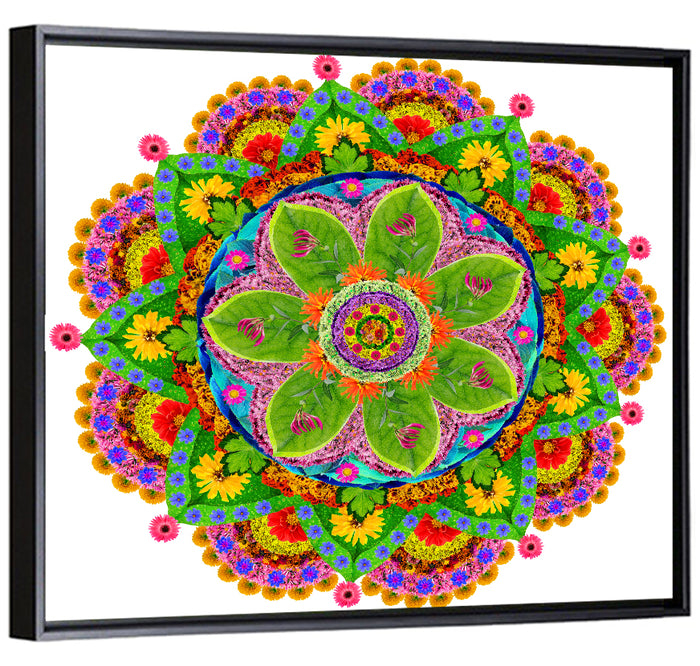 Vibrant Floral Petal Mandala Wall Art as a framed canvas