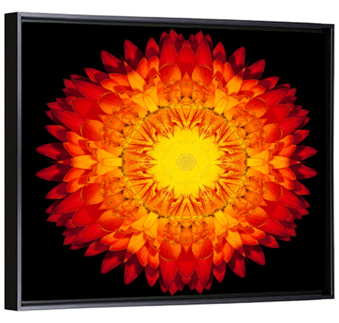 Radiant Red Kaleidoscopic Mandala Flower Wall Art as a framed canvas