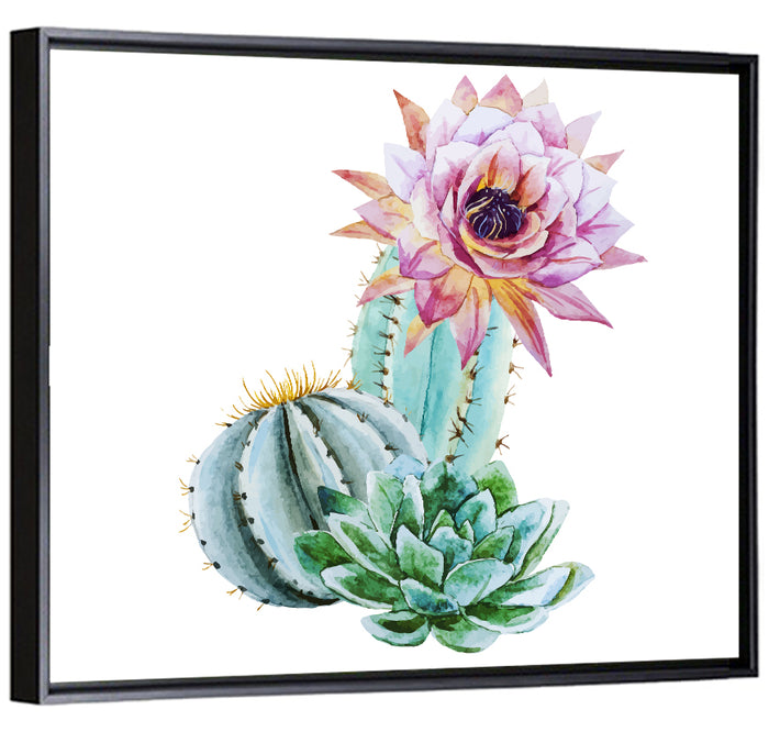 Blooming Cactus Watercolor Wall Art as a framed canvas
