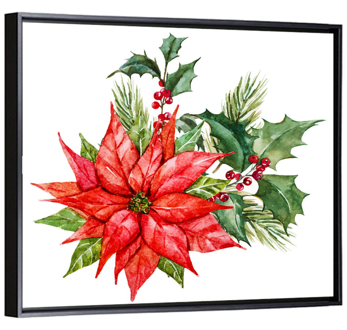 Christmas Poinsettia Watercolor Wall Art as a framed canvas