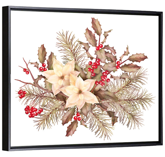 Retro Poinsettia Bouquet Wall Art as a framed canvas