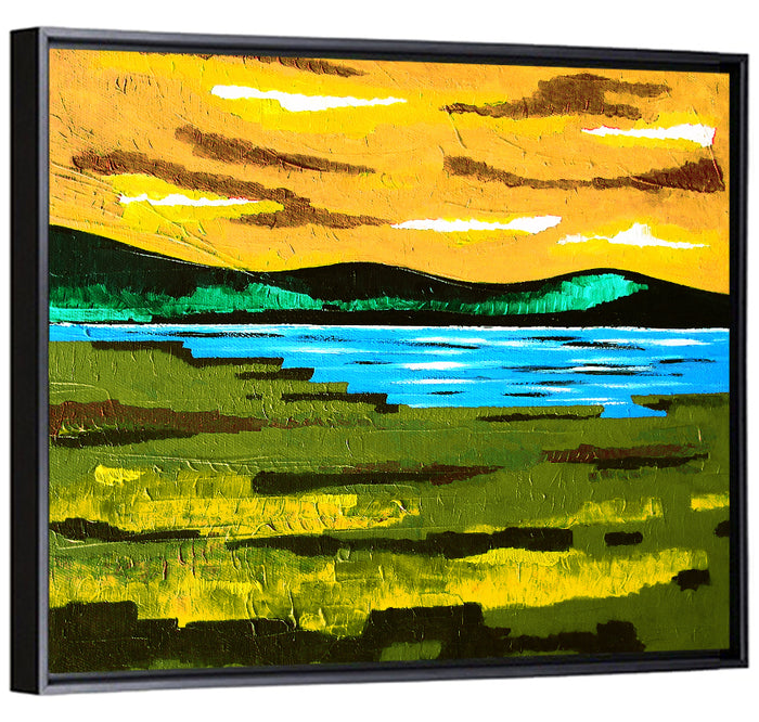 Golden Hour Mountain Lake Abstract Wall Art as a framed canvas