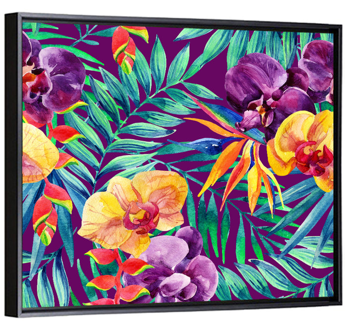 Tropical Orchid and Palm Pattern Wall Art as a framed canvas