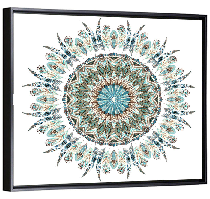 Layered Feather Mandala Wall Art as a framed canvas