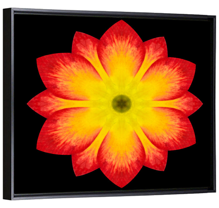 Red Yellow Mandala Flower Pattern Wall Art as a framed canvas