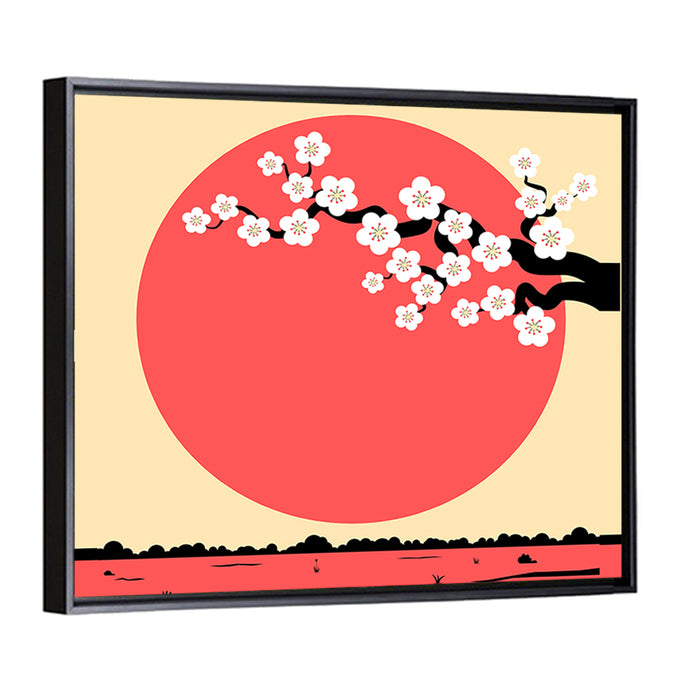 Cherry Blossom with Red Sun Wall Art as a framed canvas