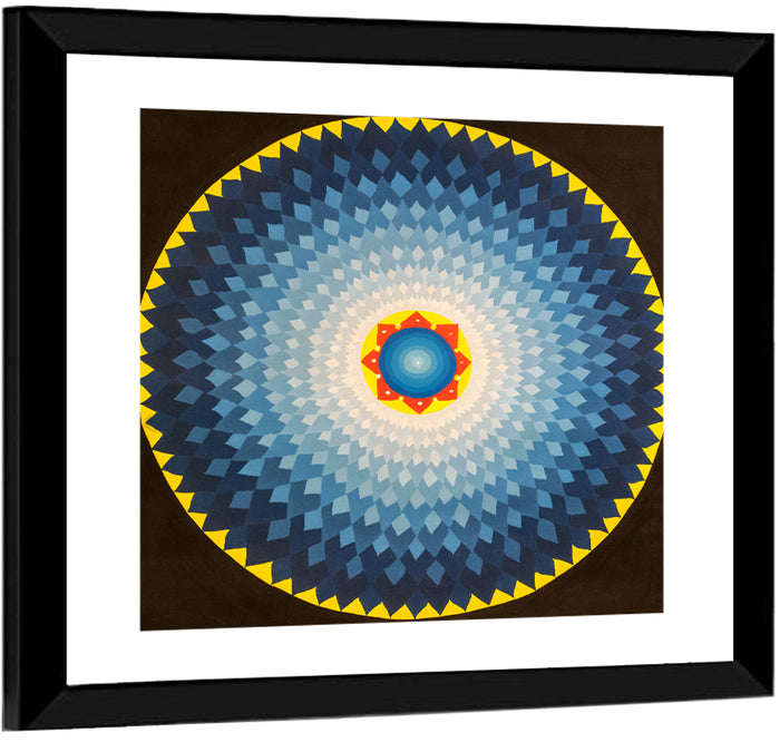 Radiant Blue Sunburst Mandala Wall Art as a framed print