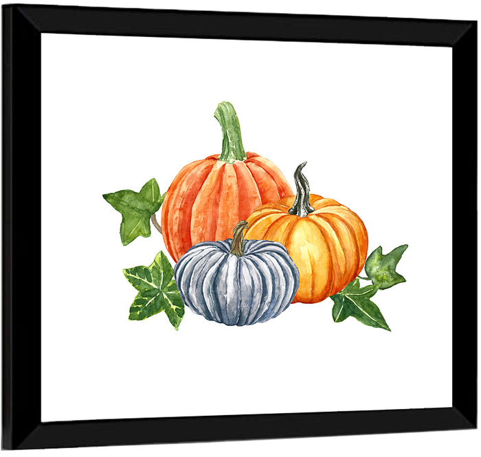 Festive Pumpkin Trio Watercolor Wall Art as a framed print